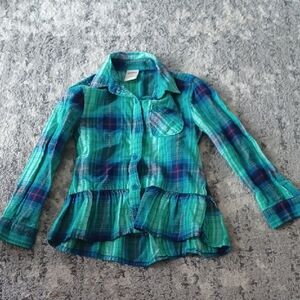 Arizona Jean Company Teal and Blue Plaid Kids Button Down Shirt